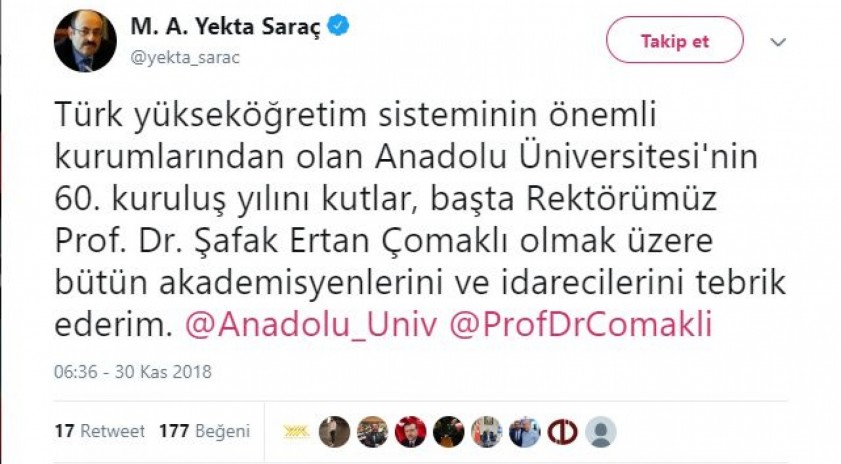 YÖK Başkanımız Saraç, Üniversitemizin 60. kuruluş yılını sosyal medyadan kutladı